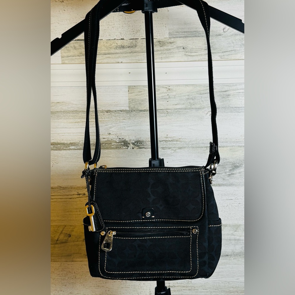 Fossil Crossbody Purse Black Pattern Leather Trim Multi Pocket w/Fossil Charm